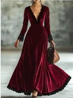 Burgundy V-Neck Maxi Dress Long Sleeve Velvet Velour Lace Detail A-line Sz S New